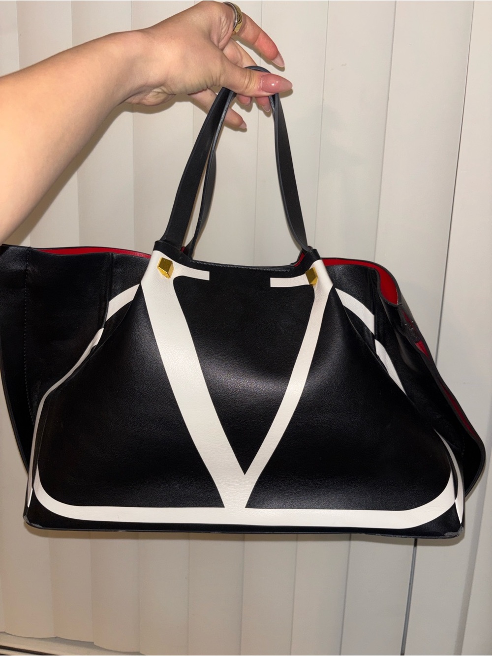 Valentino Garavani Black Leather Tote with White Logo and Red Interior